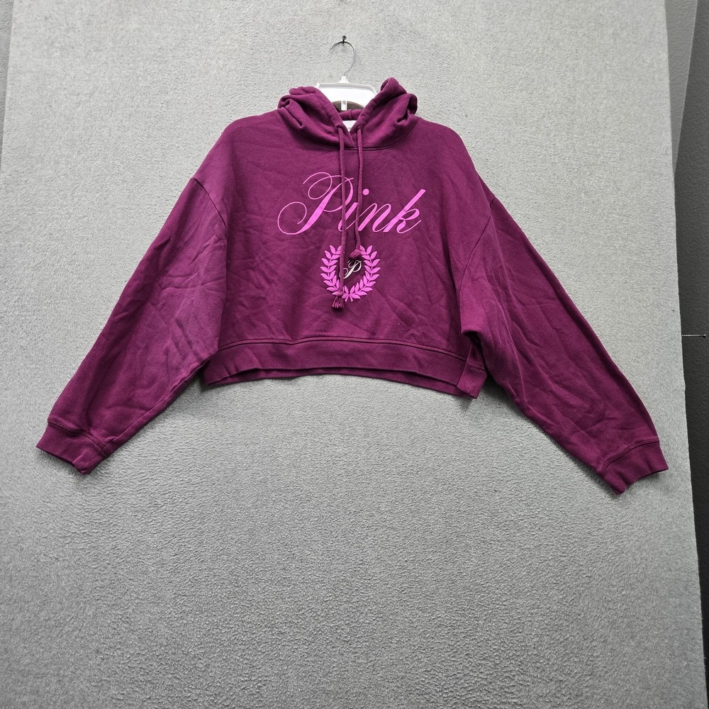 PINK Victoria's Secret Women Hoodie XL Purple Cropped Logo Graphic Print Fleece